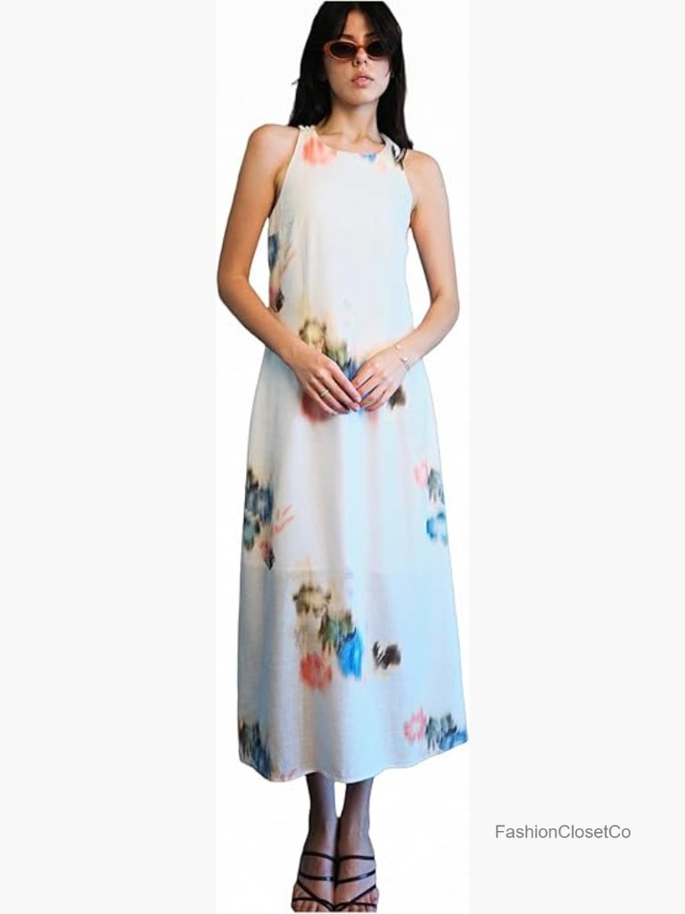 Linen Blend Sleeveless Abstract Criss-Cross Back Maxi Dress